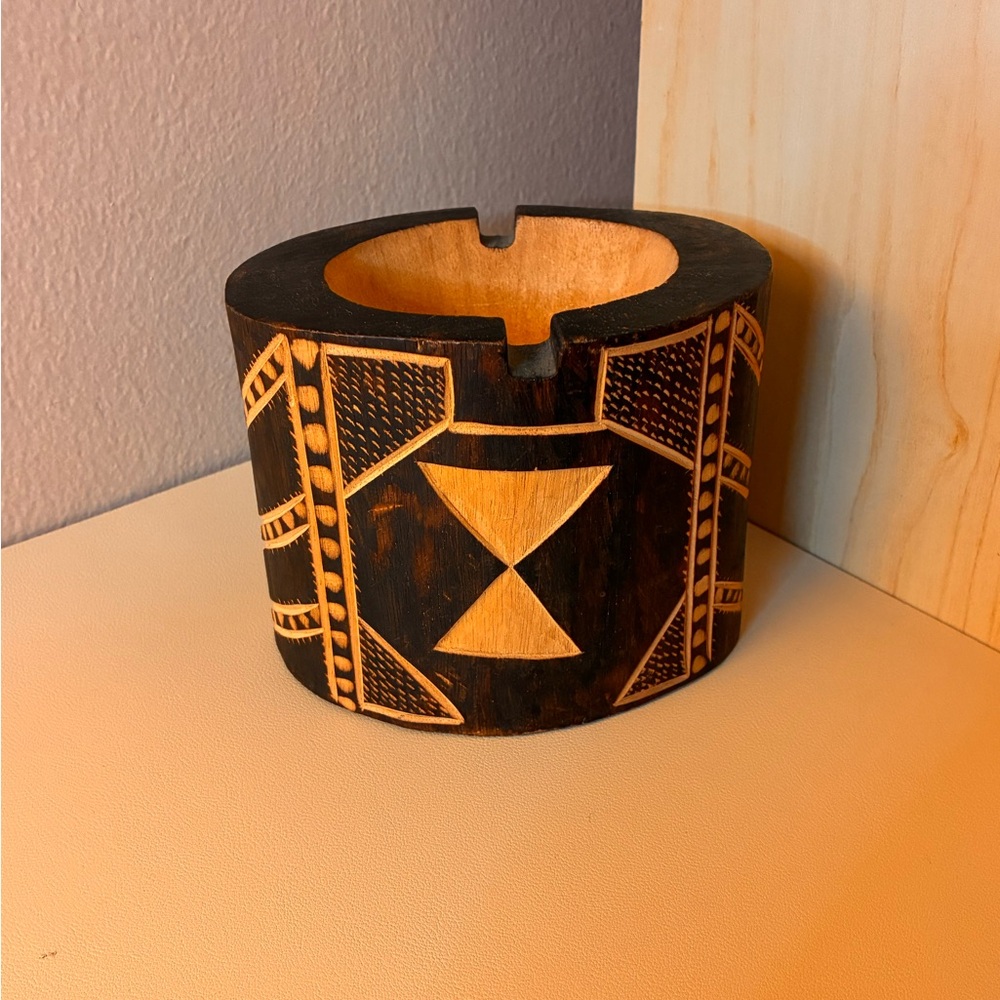 Handcrafted Wooden Ashtray with Tribal Design